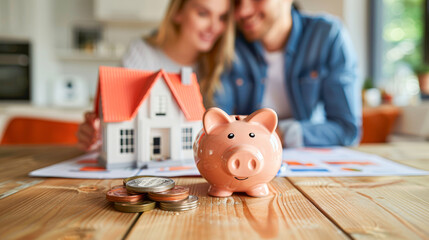 Canvas Print - Planning a Bright Future Together Couple Discussing Budget for New Home with Miniature House and Piggy Bank Financial Goals Concept