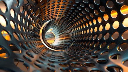 Wall Mural - Futuristic metallic tunnel with circular holes. Abstract geometric concept. Stunning visual for tech projects. AI