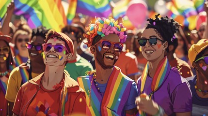 A diverse group of people, each wearing colorful rainbow accessories, gather together in a joyful parade. The scene is filled with smiling faces and lively energy, showcasing the spirit of unity and