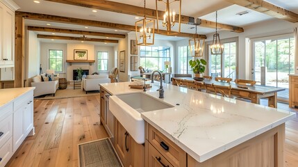 a beautiful traditional kitchen in new luxury home with hardwood floors, wood beams and large island