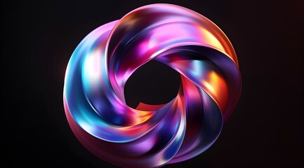 Wall Mural - 3d render of colorful gradient ribbon spiral on black background, fluid organic shapes, gradient color with blue pink purple and orange hues, close up, detailed, sharp focus, studio photography, profe