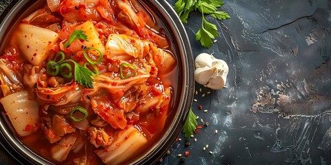 Wall Mural - Easy Steps for Making Korean Kimchi in a Modern Kitchen. Concept Kimchi Recipe, Fermentation Process, Ingredients, Korean Cuisine, Modern Kitchen