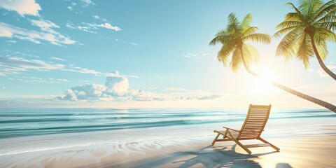 Poster - A tranquil beach setting at sunrise with a single beach chair facing the sea suggesting solitude