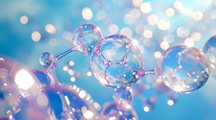 Wall Mural - Ethereal Soap Bubbles Floating, Glistening Under Bright Light. Artistic Bokeh Effect, Dreamy Blue Backdrop. Serene, Playful Imagery Ideal for Backgrounds. AI
