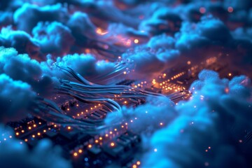 Wall Mural - Internet server glowing cables in the cloud interwoven background, AI generated