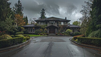 Wall Mural - photo of a beautiful house with a driveway in Vancouver, British Columbia landscape and garden on a cloudy day, front view. The photo is