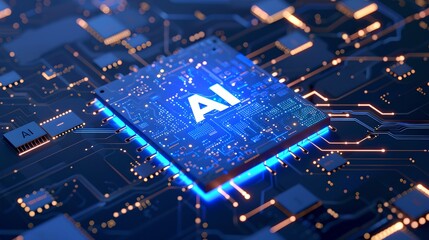 Wall Mural - Glowing AI Chip on a Blue Circuit Board. Technological and Futuristic Concept. Hardware for Artificial Intelligence. Illustration of Innovation. AI