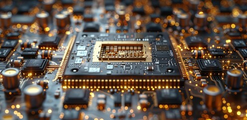 Wall Mural - a high-tech processor chip in gold and black colors