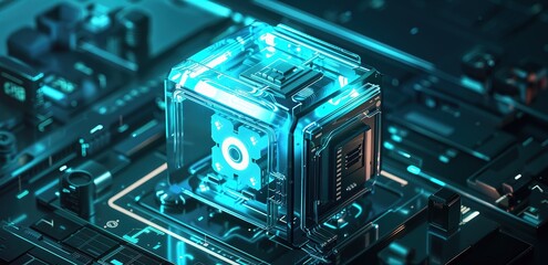 Wall Mural - a light blue box-shaped technological processor chip