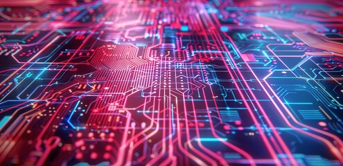 Wall Mural - an abstract background of circuits in pink and blue with the concept of advanced technology