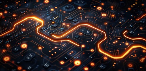 Wall Mural - an orange glowing line with a theme of artificial intelligence and advanced technology