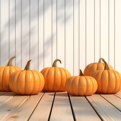 Wall Mural - Halloween pumpkins on wooden floor with white wall background. Generative AI.