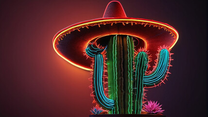 Wall Mural - A neon sign featuring a Mexican hat and cactus, suitable for Mexican-themed designs. Generative AI.