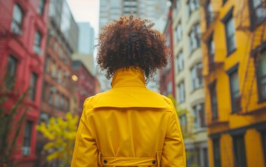 Wall Mural - A woman wearing a yellow jacket walks down a busy city street with buildings in the background