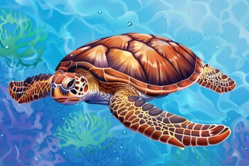 Wall Mural - Experience the joy of a sea turtle swimming gracefully in the deep blue sea. An illustration that captures the beauty of marine life.