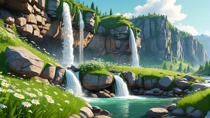 Wall Mural - Waterfall on rocky cliff mountain with green grass, bushes, and daisy flowers depicted in a cartoon  illustration set of summer or spring river and lake landscape elements. Generative AI.