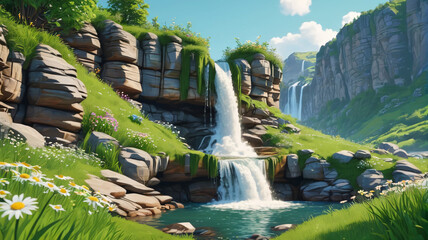 Wall Mural - Waterfall on rocky cliff mountain with green grass, bushes, and daisy flowers depicted in a cartoon  illustration set of summer or spring river and lake landscape elements. Generative AI.