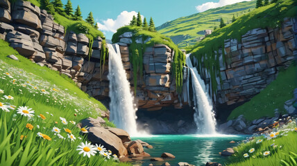 Wall Mural - Waterfall on rocky cliff mountain with green grass, bushes, and daisy flowers depicted in a cartoon  illustration set of summer or spring river and lake landscape elements. Generative AI.