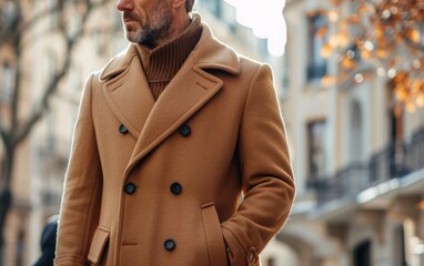 Wall Mural - A man in a brown coat is standing on a city street