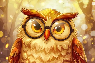 An illustration of a cheerful owl wearing glasses and exuding wisdom and happiness.