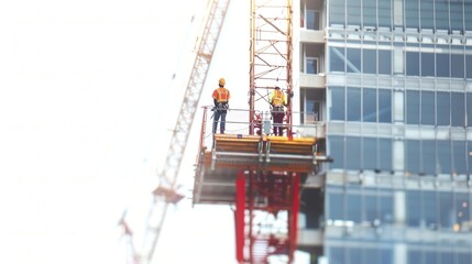 Wall Mural - Candid photo of construction workers and skyscraper on white background. Created by Ai