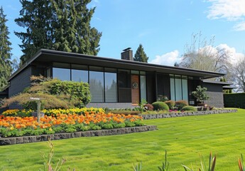 Wall Mural - Photo of a modern house with a well-manicured lawn and flower bed in spring, of a pacific northwest style home, 