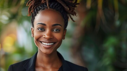 Wall Mural - A portrait of a black woman, her expression glowing with happiness and contentment, showcasing the joy and satisfaction found in her professional endeavors