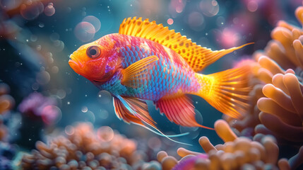 vibrant orange, yellow, and pink fish swimming among coral in a soft-focus underwater environment
