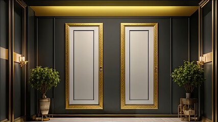 simple elegant hallway with two tall rectangular gold decorative photo frames, luxury hallway interior in a beautiful home, home design,