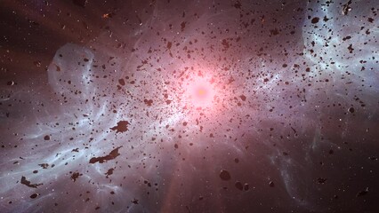 Wall Mural - camera inside asteroid filed toward the sun 3d rendering of deep space with asteroids concept, 4k, 2