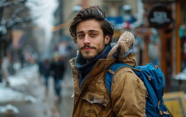 Wall Mural - A young man wearing a warm jacket and carrying a backpack walks along a bustling city street