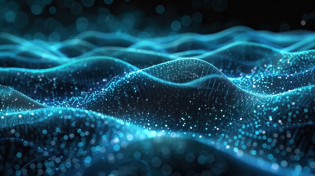 Abstract digital wave with glowing particles, representing futuristic technology and data flow in a blue cyber background.