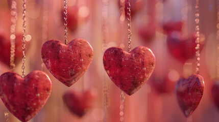 Wall Mural - A bunch of red heart-shaped ornaments hanging from a chain