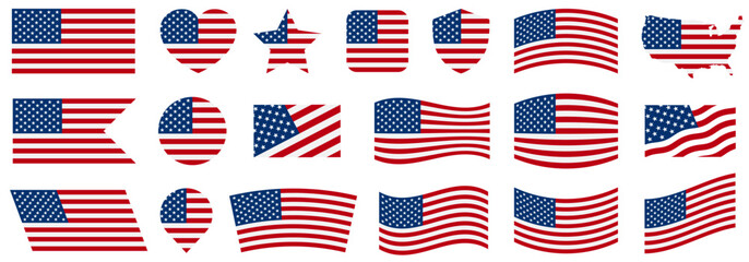 Flag USA set isolated icon, 4 july banner in flat style, United States of America flag collection