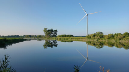 A wind turbine is reflected in the water