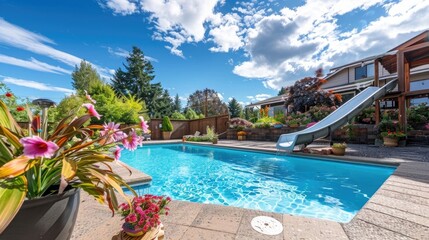Wall Mural - photo of backyard with pool and slide, flower pots in the corner, sunny day, blue sky, suburban neighborhood, pacific northwest landscape design with the