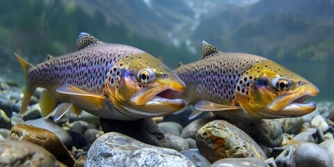 Wall Mural - Closeup underwater scene of two trouts swimming in a mountain river. Concept Underwater Wildlife, Freshwater Fish, Mountain Stream, Close-up Photography, Nature Scene