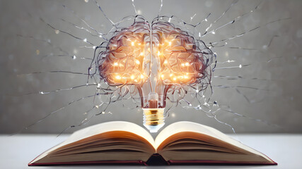 Wall Mural - Creative concept of human brain in light bulb on an open book. AI generated image. Creative brain Idea and light bulb concept ,Business and education concept. AI generated image, ai .