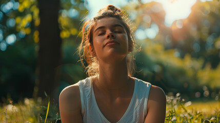 Wall Mural - A woman is sitting in the grass, looking up at the sky