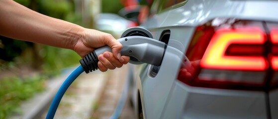 closeup of a hand plugging in an electric vehicle, clean energy, modern charging port, focus on conn