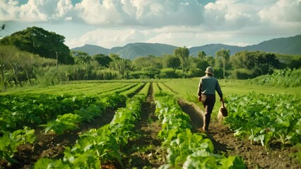 Poster - A man walking through a vibrant green field filled with tall grass and wildflowers, A farmer tending to a row of healthy crops in a vast farm