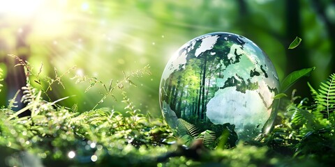 Wall Mural - Glass globe surrounded by lush forest symbolizing environmental sustainability and climate awareness. Concept Environmental Sustainability, Climate Awareness, Glass Globe, Lush Forest, Symbolism