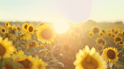 Wall Mural - A field of sunflowers with the sun shining in the background, A field of bright yellow sunflowers swaying in the breeze