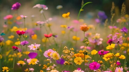 Wall Mural - Lively field of colorful wildflowers under the bright midday sun, A field of vibrant wildflowers swaying in the breeze