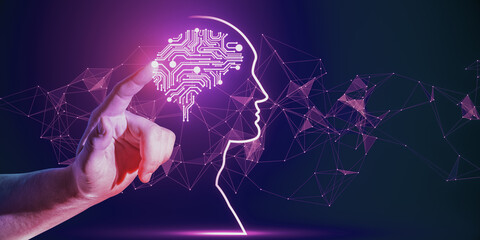 Wall Mural - Close up of businessman hand using polygonal head outline with brain on purple background. Artificial intelligence, innovation and machine learning concept.