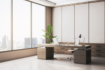 Wall Mural - Contemporary wooden office interior with window and city view. 3D Rendering.