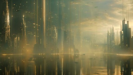 Canvas Print - A futuristic city with skyscrapers and a body of water, enclosed by a force field for protection, A force field-encased city protected from external threats