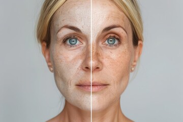 A woman face showing the rejuvenating effects of a chemical peel with one side before and the other side after treatment