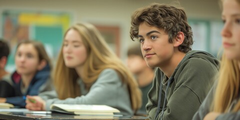 Canvas Print - A young male student is attentively listening in a classroom filled with students, indicating engagement and education