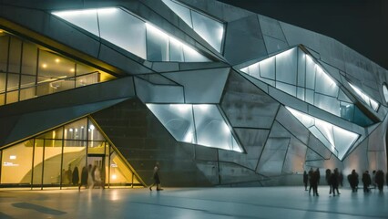 Poster - A contemporary structure featuring numerous windows of varying sizes and shapes, A futuristic building with unique geometric shapes and LED lighting